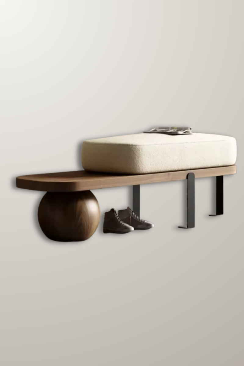 banc,bois,dnoyer,coussin,tissu,pied,metal,entrée,maison,décoration,intérieur
