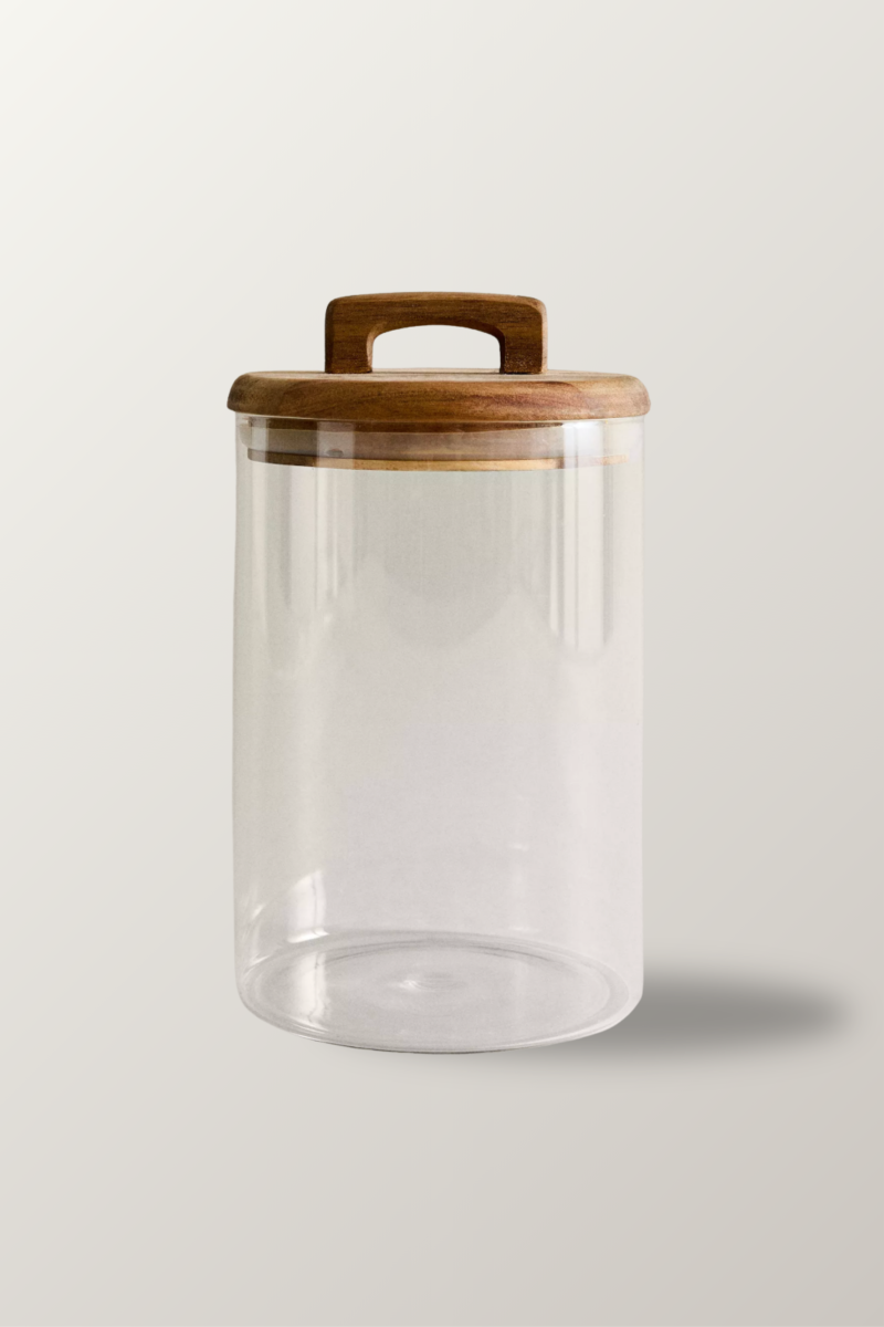 bocal,verre,bois,acacia,stockage,rangement,cuisine,café,pâtes,thé,graines