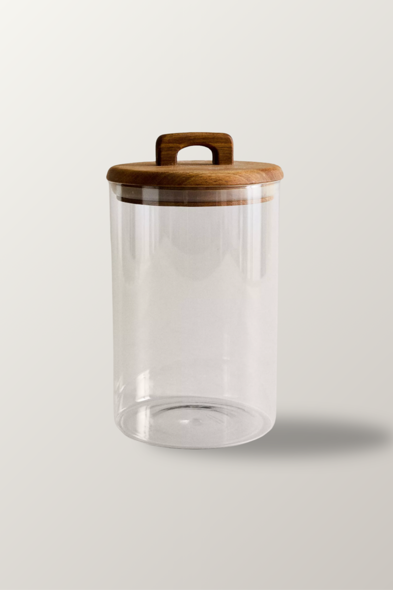 bocal,verre,bois,acacia,stockage,rangement,cuisine,café,pâtes,thé,graines