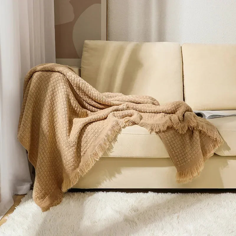 plaid,doux,acrylique,motif,carreaux,3d,frange,camel,beige,decoration,maison,salon,lit,canapé